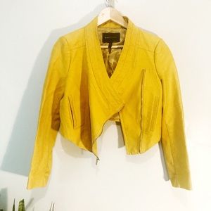 BCBG bright YELLOW cropped zip up motorcycle-style cotton jacket SIZE S